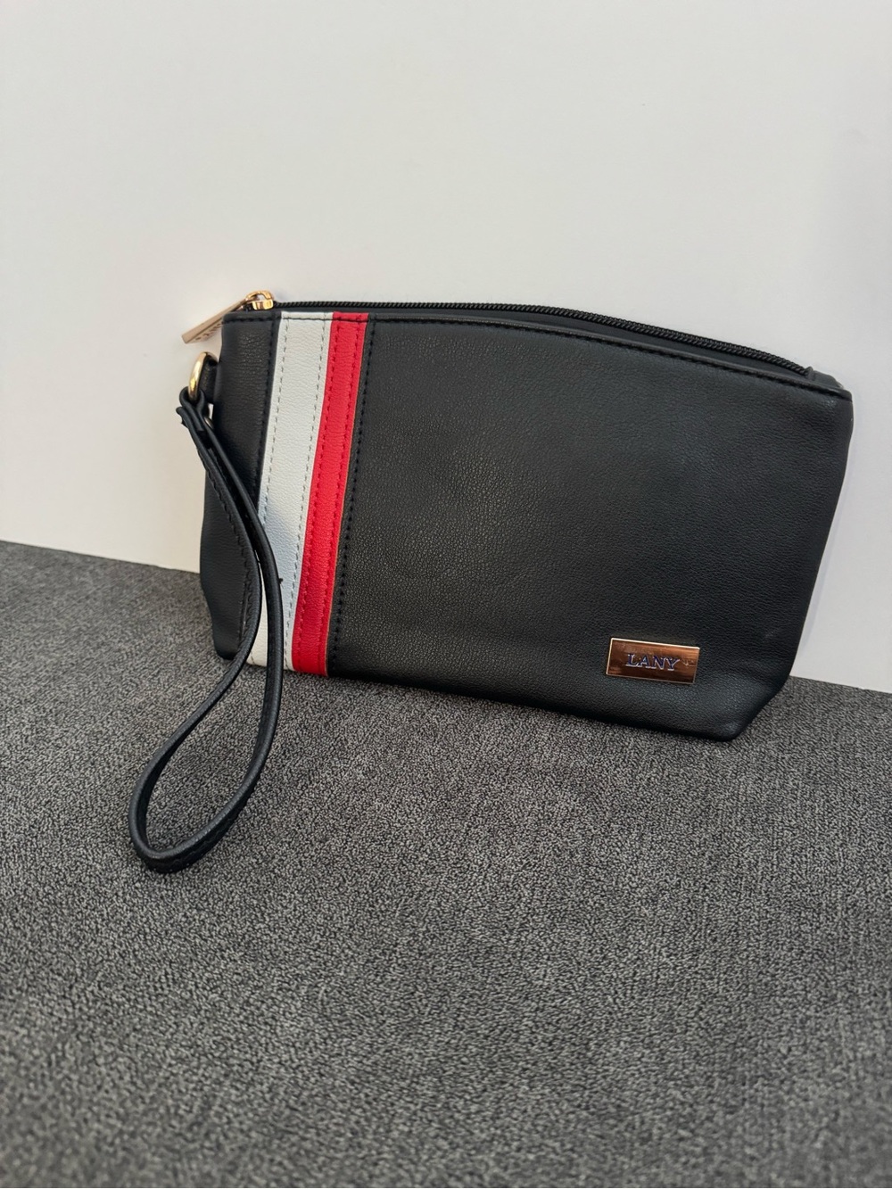 LANY Black Striped Wristlet Pouch with Wrist Strap, Zip Closure, Lined